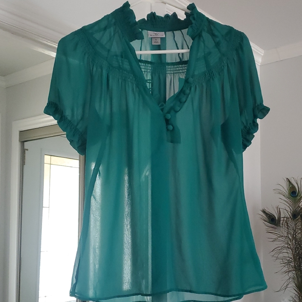 Worthington Green Sheer Ruffled Short-Sleeve Blouse